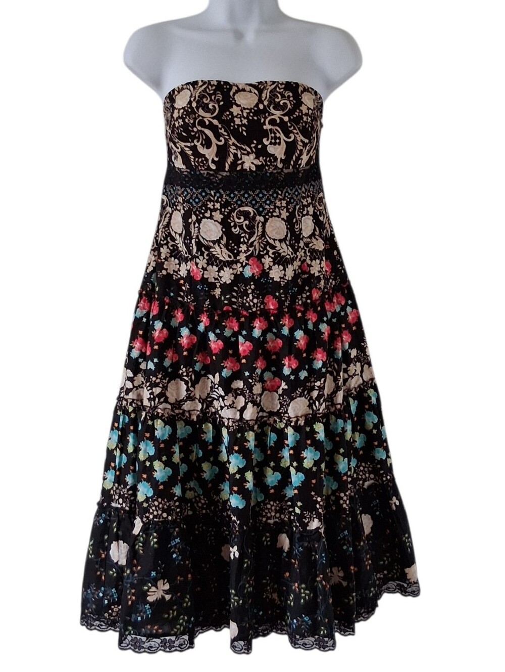 Spazio Ditsy Floral Strapless Tierd Dress Size 10 Boho Darkcottage Lace Trim